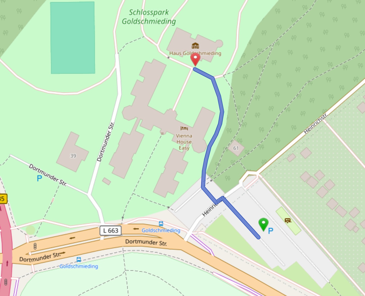 Weg vom Parkplatz zum Hotel, Bildschirmfoto von OpenStreetMap